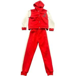 Tracksuit Set Unisex Kids 140 (9-10) Red J Print Hooded Fleece Lined Tapered Leg